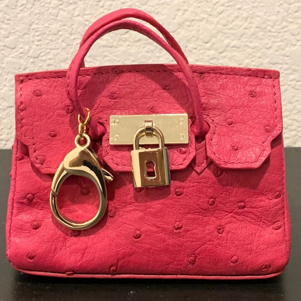 REAL Exotic Ostrich Birkins Bag Charm for Handbag w/ Key Chain Lock Genuine NEW